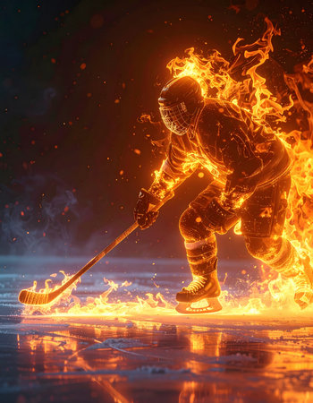 AI generated image showing a flaming ice hockey player in dark ambianceの素材