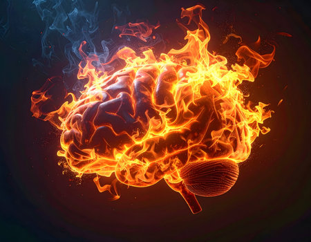 AI generated image showing a fiery human brain in dark ambianceの素材