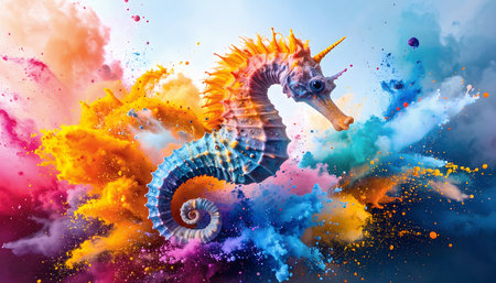 Animal and wildlife theme showing a seahorse in multicolored vibrant splashy ambiance. AI generated image with lots of paint splashes, splatters and spotsの素材