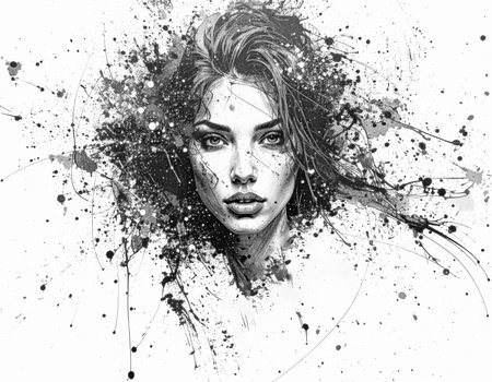 Lively sketch showing the portrait of a young woman in white back. AI generated image with lots of dots and splashesの素材