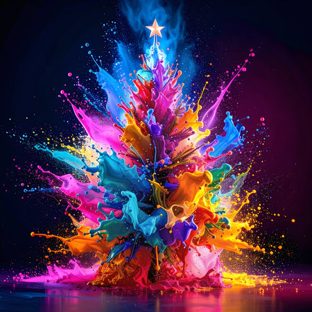 AI generated image showing a flashy Christmas tree in multicolored vibrant ambiance with lots of colorful paint splashes and dotsの素材