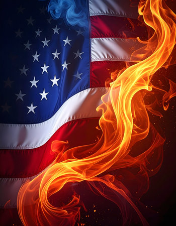 AI generated Image showing a flaming American flag in dark ambianceの素材