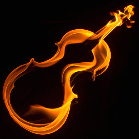 AI generated image showing a symbolic flaming violin in dark ambianceの素材