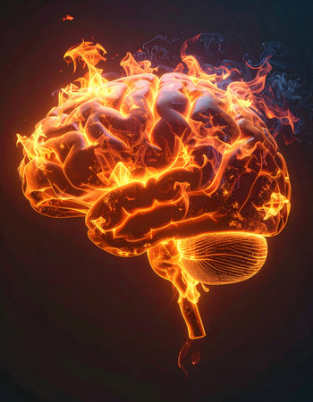 AI generated image showing a fiery human brain in dark ambianceの素材
