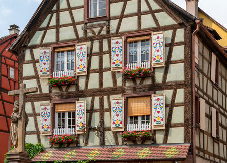 Architectural detail seen in Kaysersberg, a historical town and former commune in Alsace in northeastern Franceの写真素材