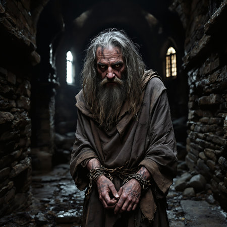 AI generated medieval scenery showing an old prisoner in a dark dungeonの素材