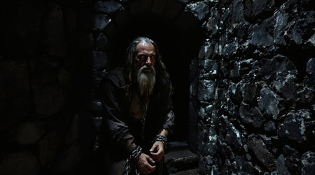 AI generated medieval scenery showing an old prisoner in a dark dungeonの素材