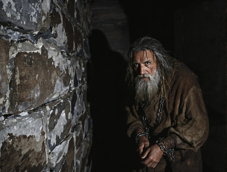 AI generated medieval scenery showing an old chained prisoner in a dark dungeonの素材