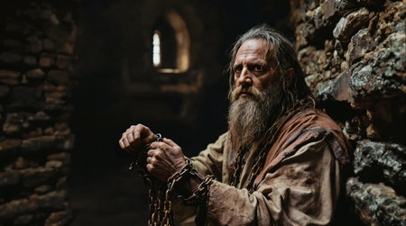 AI generated medieval scenery showing an old prisoner in a dark dungeonの素材