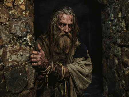AI generated medieval scenery showing an old prisoner in a dark dungeonの素材