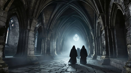 AI generated medieval scenery showing some monks in a vaultの素材