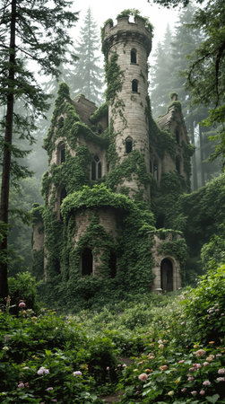 AI generated scenery showing an overgrown fairy-tale castle ruin in dense vegetation ambianceの素材