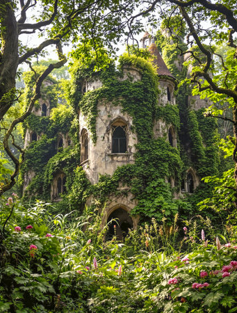AI generated scenery showing an overgrown fairy-tale castle ruin in dense vegetation ambianceの素材