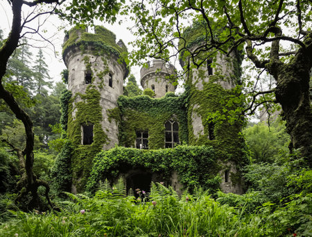 AI generated scenery showing an overgrown fairy-tale castle ruin in dense vegetation ambianceの素材