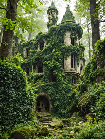 AI generated scenery showing an overgrown fairy-tale castle ruin in dense vegetation ambianceの素材