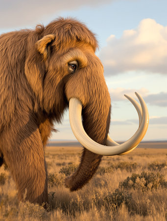 AI generated image showing a mammoth in veld ambianceの素材