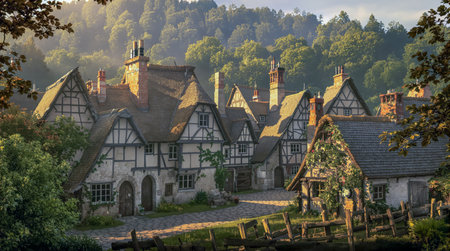 AI generated image showing a medieval villageの素材