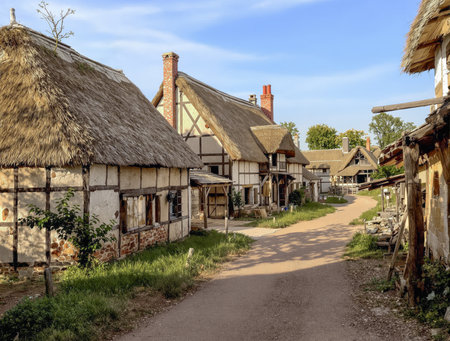 AI generated image showing a medieval villageの素材