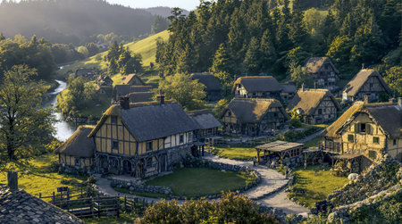 AI generated image showing a peasant medieval villageの素材