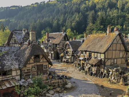AI generated image showing a medieval villageの素材