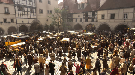 AI generated image showing a high angle medieval market scenery in a townの素材