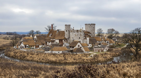 AI generated scenery showing a medieval town around a small castleの素材