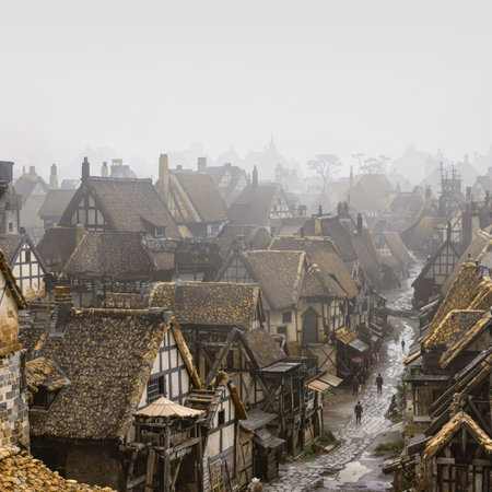 AI generated scenery showing a medieval town in misty ambianceの素材
