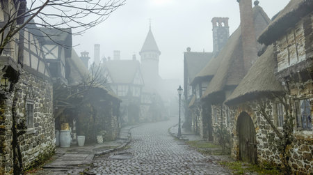 AI generated scenery showing a medieval town in misty ambianceの素材
