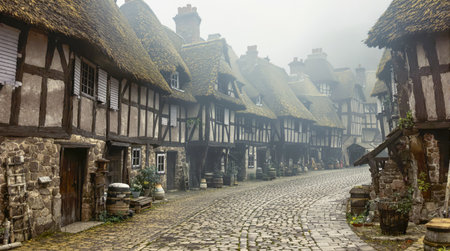 AI generated scenery showing a medieval town in foggy ambianceの素材