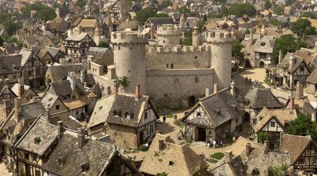 AI generated scenery showing a medieval town around a small castleの素材