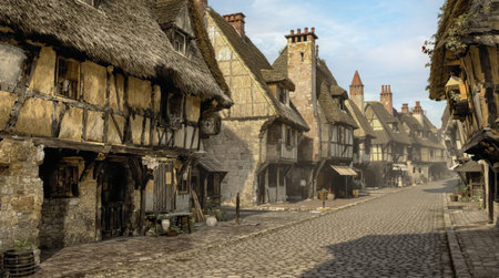 AI generated scenery showing a medieval town at evening timeの素材