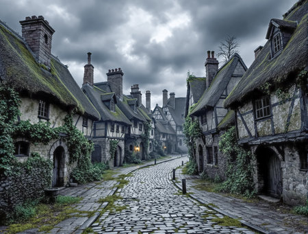 AI generated scenery showing a medieval town in cloudy ambianceの素材