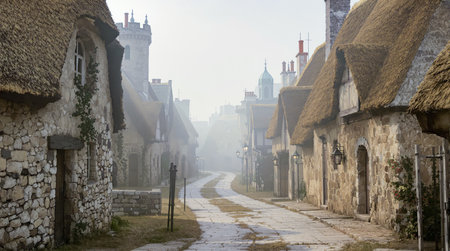 AI generated scenery showing a medieval town in misty ambianceの素材