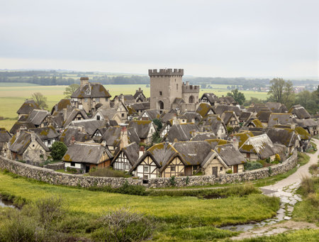 AI generated scenery showing a medieval town around a small castleの素材