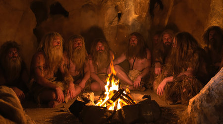 AI generated image showing some archaic humans around a bonfire in a caveの素材