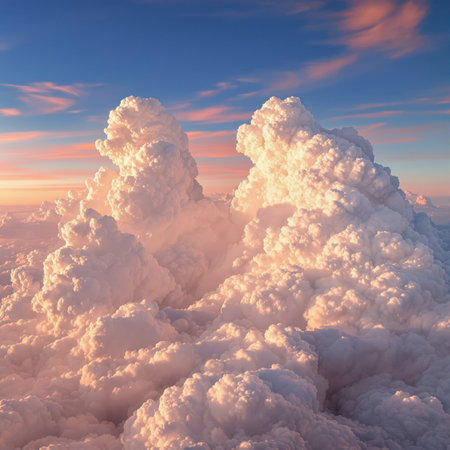 AI generated image showing a cloudscape seen from above in sundown ambianceの素材