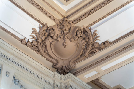 Historic stucco at a ceiling corner seen in Troyes, a city in northeastern Franceの写真素材