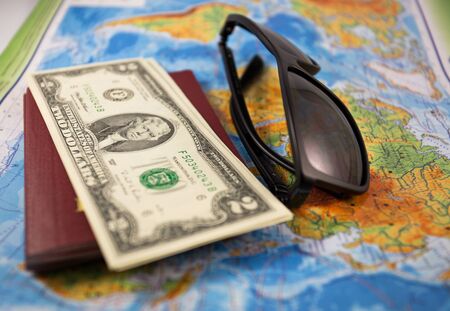 maps, passport and sunglassesの写真素材