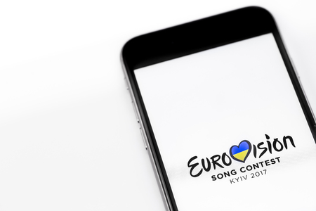 Apple iPhone 6s with Eurovision logo. Eurovision is international musical festival. Ekaterinburg, Russia - April 5, 2017のeditorial素材