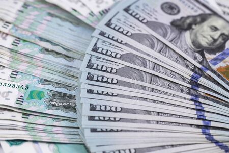 dollars and russian rubles banknotes