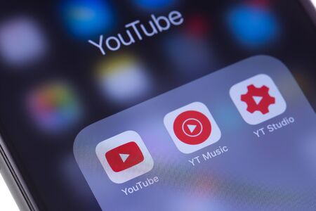smartphone with YouTube services, icons, apps. Russia - October 04, 2018のeditorial素材