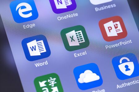 Microsoft Services apps icon close-up on the screen smartphone. Moscow, Russia - October 26, 2018のeditorial素材