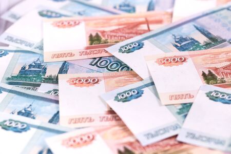 Five thousand and one thousand banknotes. Closeup view of Russian rubles