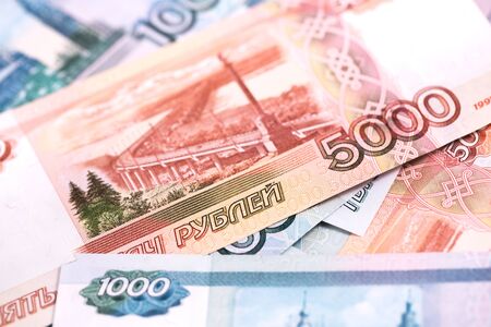 Closeup macro view of five thousand and one thousand banknotes Russian rublesの写真素材
