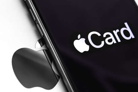 closeup macro iPhone and Apple Card logo on the screen. Apple is a multinational technology company. Moscow, Russia - March 26, 2019のeditorial素材