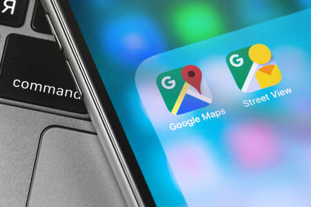 closeup Google Maps logo on the screen smartphone. Google is the biggest Internet search engine in the world. Moscow, Russia - April 9, 2019のeditorial素材