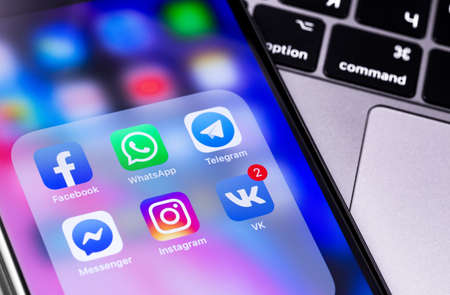 smartphone with Facebook, Instagram, Whatsapp, Vkontakte and Telegram icons app on the screen. Social media apps. Moscow, Russia - April 27, 2019のeditorial素材