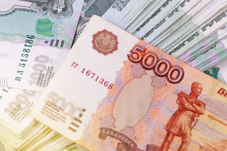 closeup macro stack of Russian rubles 1000 and 5000 banknotesの写真素材