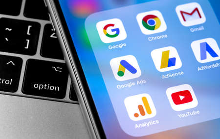 closeup Google services (Chrome, Gmail, Ads, AdSense, AdWordsExpress, Analytics, Youtube) icons app on smartphone screen. Google is the biggest Internet search engine in the world. Moscow, Russia - April 27, 2019のeditorial素材
