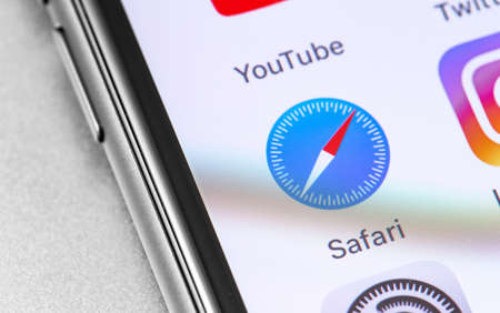 Safari icon app browser on the display iPhone. Safari is a web browser developed by Apple and part...